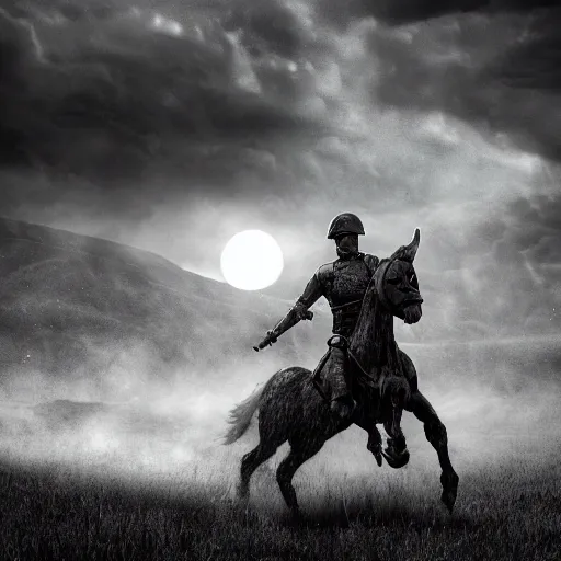 Image similar to a haunting hyper-realistic photograph of a tired spartan soldier riding a horse on the battlefield in the style of a photo-realistic, realistic photograph, 3D render, blender, moonlight, detailed, dark, ominous, threatening, haunting, forbidding, colorful, stormy, doom, apocalyptic, sinister, ghostly, unnerving, harrowing, dreadful ,frightful, shocking, terror, hideous, ghastly, terrifying