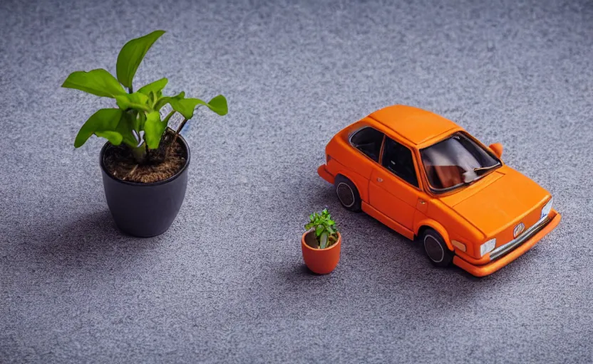 Image similar to a small miniature of a orange Toyota Corolla KE20 on a white table near a book and a vase with a plant, hyperrealistic, concept art, octane render, unreal engine 5, path tracing, complementary colors, calm, relaxing, serene, product photo, centered, symmetrical