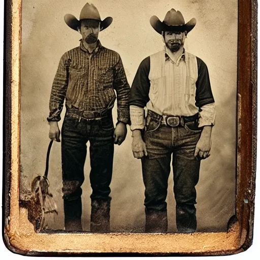 Prompt: aliens standing next to cowboys, tintype photograph