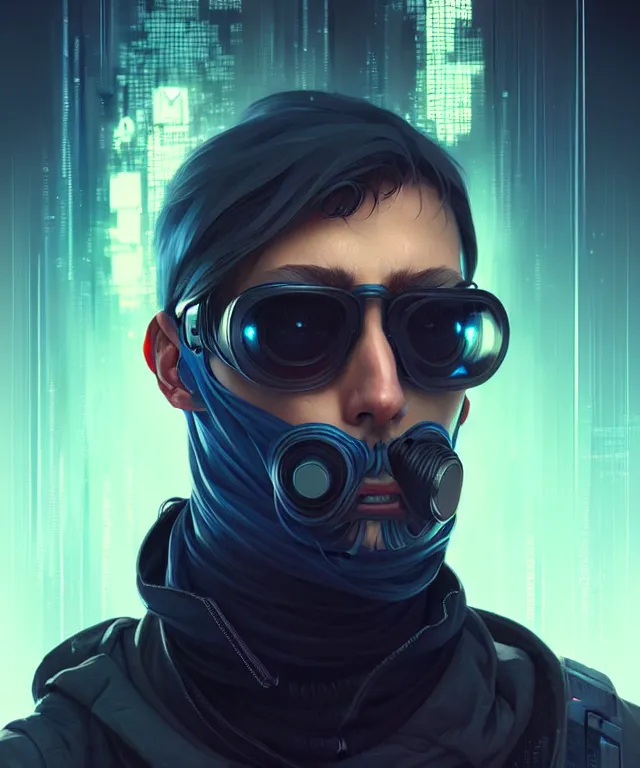 Image similar to Hacker cyberpunk man portrait, highly detailed, digital painting, artstation, concept art, smooth, sharp focus, illustration, art by artgerm and greg rutkowski and alphonse mucha