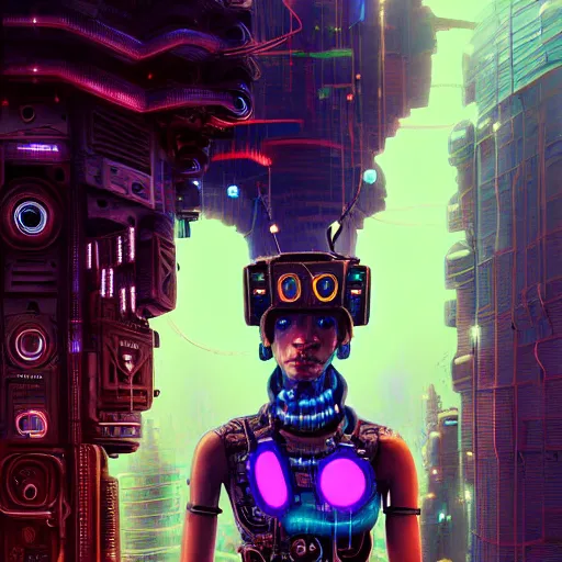 Image similar to a dogon cyberpunk hacker, steampunk stargate by greg rutkowski and android jones in a surreal portrait style, oil on canvas, ancient cyberpunk 8k resolution