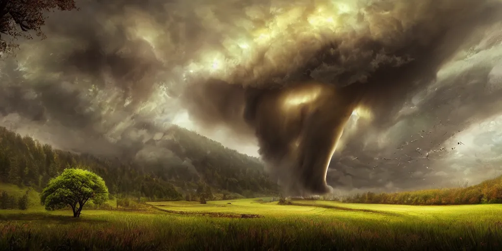 Image similar to A tornado in a beautiful scenic landscape, nature, trees, colorful, wide angle, super highly detailed, professional digital painting, artstation, concept art, smooth, sharp focus, no blur, no dof, extreme illustration, Unreal Engine 5, Photorealism, HD quality, 8k resolution, cinema 4d, 3D, beautiful, cinematic, art by artgerm and greg rutkowski and alphonse mucha and loish and WLOP