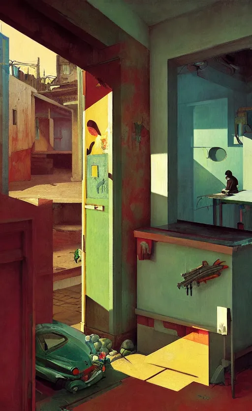 Image similar to Inside a Favela, very coherent, painted by Edward Hopper, Wayne Barlowe, painted by James Gilleard, airbrush, art by JamesJean