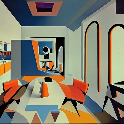 Image similar to retrofuturistic interior in cubism by salvador dali and dan McPharlin,