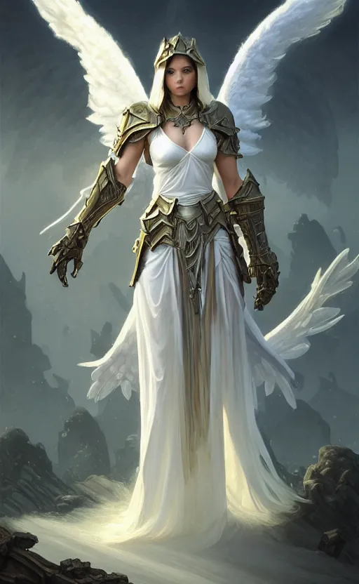 Image similar to angel, full armor cloth, full body portrait, gentle, female, dark ruins landscape, d & d, fantasy, intricate, elegant, highly detailed, digital painting, white gold color palette, artstation, octane render, concept art, matte, sharp focus, illustration, hearthstone, art by artgerm and greg rutkowski and alphonse mucha