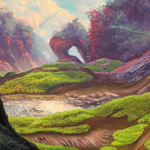 Image similar to detailed painting of a lush natural scene on an alien planet by stephen wong. beautiful landscape. weird vegetation. cliffs and water.