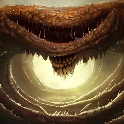 Image similar to a giant worm beast, worm monster, worm mouth, worm round mouth, rock and dust, worm brown theme, bright art masterpiece artstation. 8 k, sharp high quality artwork in style of jose daniel cabrera pena and greg rutkowski, concept art by tooth wu, blizzard warcraft artwork, hearthstone card game artwork, monster teeth