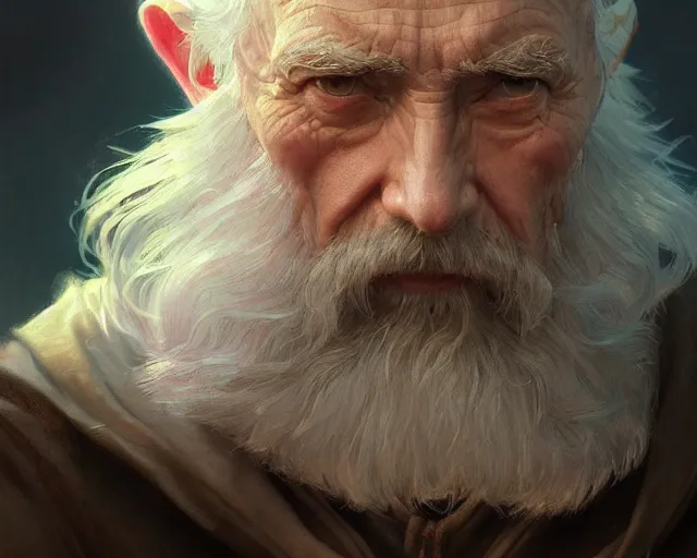 Image similar to highly detailed photorealistic old man, deep focus, d & d, fantasy, intricate, elegant, highly detailed, digital painting, artstation, concept art, matte, sharp focus, illustration, hearthstone, art by artgerm and greg rutkowski and alphonse mucha