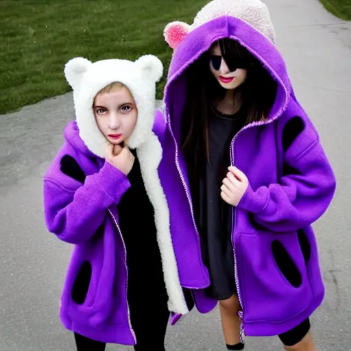 Image similar to two girls, a girl with short white hair and polar bear ears wearing an open black coat, another girl with long black hair wearinga purple hoodie with red eyes