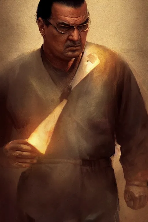 Image similar to sad steven seagal in prison, intricate, highly detailed, digital painting, artstation, concept art, smooth, sharp focus, illustration, art by greg rutkowski, patriotic