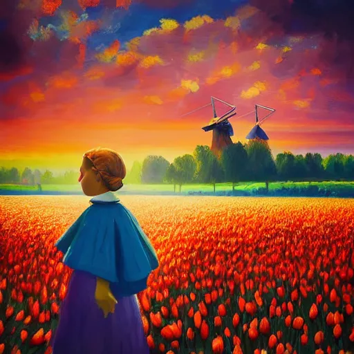 Image similar to dutch girl with singular giant tulip as a head, surreal photography, flower field, sunset dramatic light, impressionist painting, colorful clouds, blue sky, digital painting, artstation, simon stalenhag