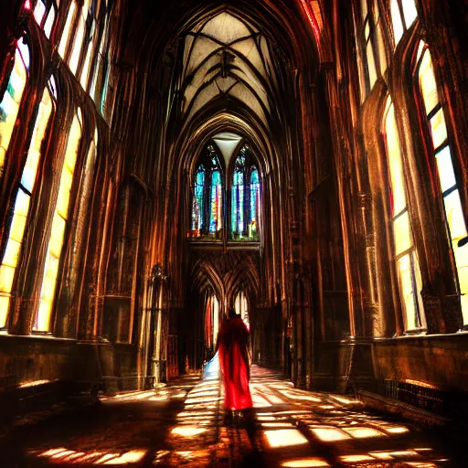 Prompt: Dutch Angle shot of a rusted android walking across a dimly lit gothic cathedral with red stained glass windows, cinematic, concept art, detailed, dark
