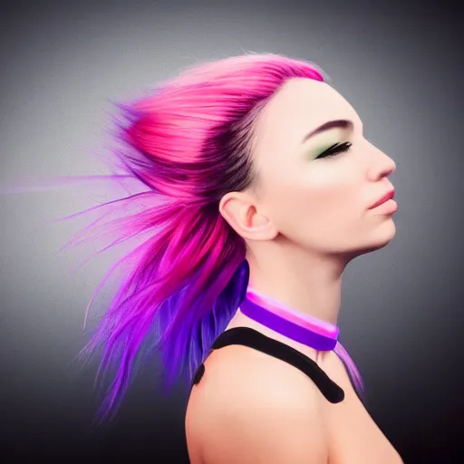 Image similar to a award winning action upper body portrait of a beautiful woman with a ombre purple pink hairstyle with head in motion and hair flying, choker, outrun, vaporware, vivid colors, highly detailed, fine detail, intricate