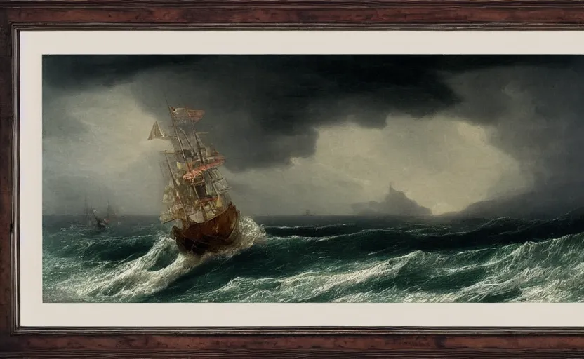 Prompt: middle of the ocean, large waves, large 1800s boat, no land, dark skies, close up shot, at dusk, 4k, rule of thirds, extreme detail, hazy, intricate ink illustration, surreal, surrealist, trending on artstation, cgsociety, hd, complimentary colours, realistic lighting, by Albert Bierstadt, Frederic Edwin Church.