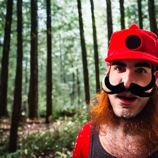 Prompt: italian man with a mustache dressed as mario wearing a solid red mario hat drooling, eyes rolled back, looking at red mushroom with white spots, in a forest 50mm lens, f1.8.