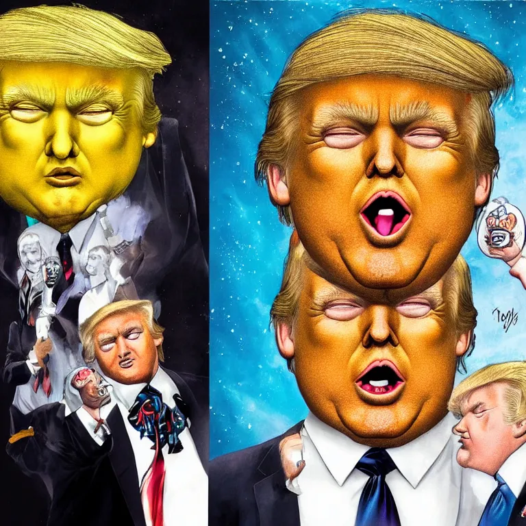 Image similar to a cartoon face, in the likeness of Donald Trump, with glowing yellow eyes, in style of Tom Bagshaw