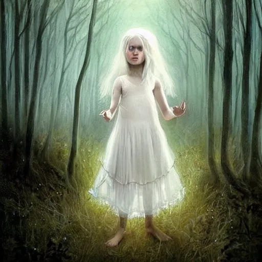 Image similar to a painting of a beautiful little girl in a white dress, white hair, bare foot, pretty symmetrical face, in the middle of a strange forest by Seb McKinnon and WLOP