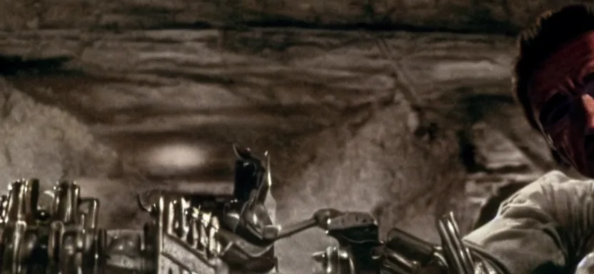 Image similar to film still of arnold schwarzenegger in the pit and the pendulum ( 1 9 6 1 ), pathecolor, 4 0 mm panavision wide - angle lens