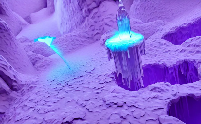 Image similar to liquid nitrogen with purple water-cooling coolant flowing through latent representations of yellow ice caverns by centrifugal forces, computer circuitry sticking out the walls!!!!, high detail, high contrast!, low-poly elements!!!, trending on artstation, octane render, subsurface scattering, ray-tracing, 4k