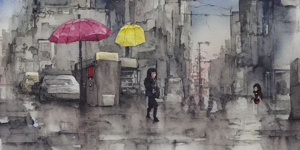 Prompt: deserted dusty junk town, a girl with a parka and a yellow parasol is running, broken vending machines, scene from the movie Ghost in the shell, watercolor watercolor