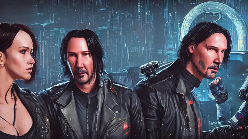 Prompt: a cyberpunk 2077 srcreenshot couple portrait of Keanu Reeves as johnny silverhand & female android in kiss,love story,film lighting,by Laurie Greasley,Lawrence Alma-Tadema,Dan Mumford,John Wick,Speed,Replicas,artstation,deviantart,FAN ART,full of color,Digital painting,face enhance,highly detailed,8K,octane,golden ratio,cinematic lighting