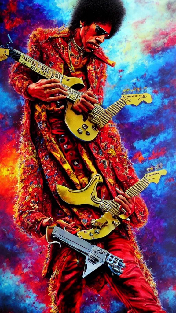 Prompt: highly detailed medium shot of jimi hendrix, dressed in red clothes, full face view, on a battlefield with killer bots, holding an assault rifle looking like a guitar, hyper realistic, psychedelic, illustration, digital paint, matte paint, vivid colors, detailed and intricate environment