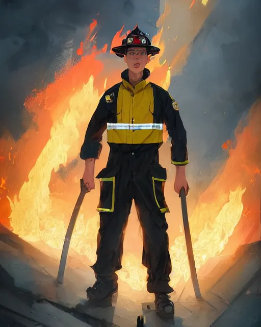 Image similar to heroic firefighter in action in black and yellow uniform, fire flames, sharp details, sharp focus, elegant, highly detailed, illustration, by jordan grimmer and greg rutkowski and pine ( ハイネ ) and 薯 子 imoko and 香 川 悠 作 and wlop and maya takamura, intricate