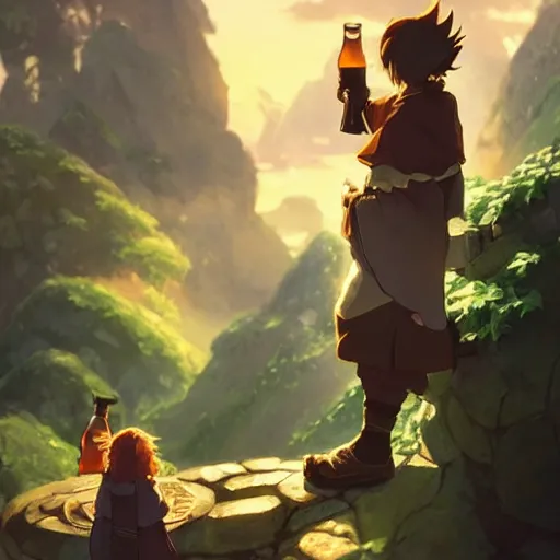 Image similar to a dwarf and a dragon drinking a beer together | gapmoe kuudere moody lighting stunning bokeh highlights sharp contrast | trending pixiv fanbox | by greg rutkowski makoto shinkai takashi takeuchi studio ghibli