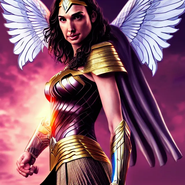 Image similar to full likeness of gal gadot as a beautiful angel warrior queen in ornate robes, highly detailed, 8 k, hdr, award - winning, trending on artstation, clayton crain