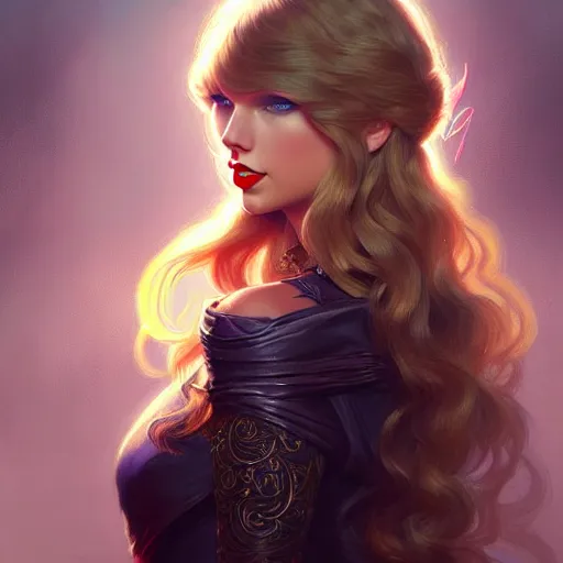 Image similar to Taylor Swift, closeup, D&D style, fantasy, intricate, elegant, highly detailed, digital painting, artstation, concept art, matte, sharp focus, illustration, art by Artgerm and Greg Rutkowski and Alphonse Mucha