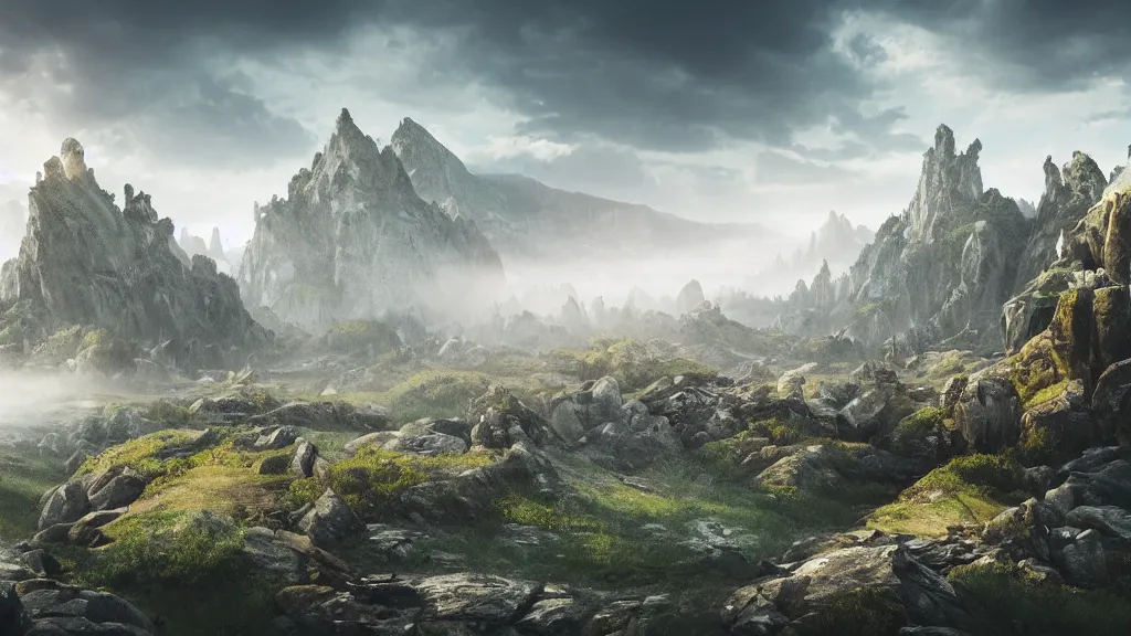 Image similar to epic landscape with large mountains and pillars of rock emerging from the ground, cinematic, light mist, volumetric lighting, hyperrealistic, detailed, 4 k hd