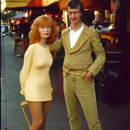 Prompt: 1981 color archival photo of a glamorous woman in a dress, and her friend, Casper the Friendly Ghost, in a sidewalk cafe, 16mm film soft color, earth tones and soft color 1981, live-action archival footage, in style of doris wishman russ meyer, woman looks like young mia farrow