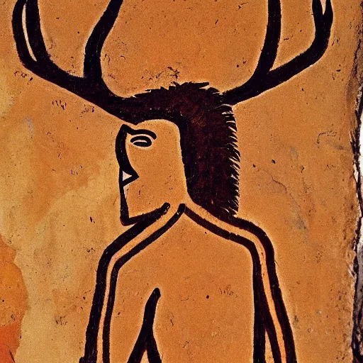 Image similar to cave painting of a man with antlers, altamira, ochre, very detailed, beautiful