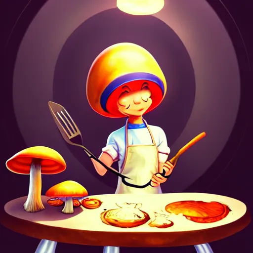 Image similar to a mushroom chef cooking a meal, fantasy illustration, detailed digital painting, trending on artstation