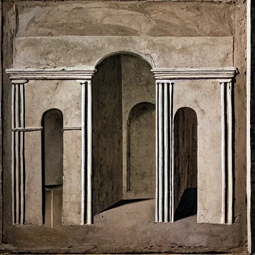 Prompt: evocative play doh, mesoamerican by piero della francesca. in the center of the sculpture is a large gateway that seems to lead into abyss of darkness. on either side of the gateway are two figures, one a demon - like creature, the other a skeletal figure.