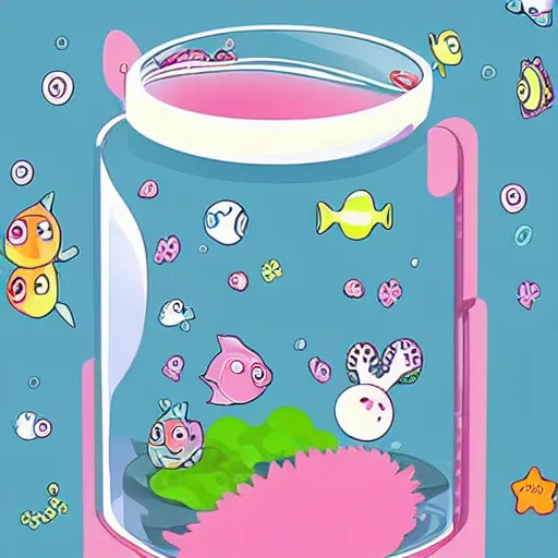 Prompt: pantone cute kawaii anime cartoon illustration fish tank, Pastel colors