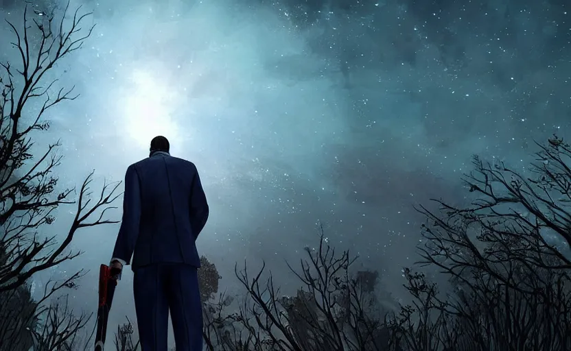 Image similar to cinematic view from behind a dead by daylight killer wearing a blue business suit looking up to the night sky, stars look like a scales of justice, character portrait, digital art