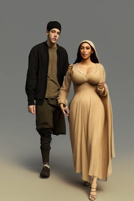 Prompt: Pete Davidson As A Short Midget Being Walked By Old Granny Kim Kardashian, illustration, soft lighting, soft details, painting oil on canvas by Edmund Blair Leighton and Charlie Bowater octane render, HDR, trending on artstation, 4k, 8k, HD