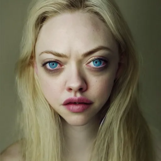 Image similar to portrait photo of amanda seyfried, full platinum blond, pale skin, by kyle thompson, realistic, high detail, high quality, trending on pinteresst