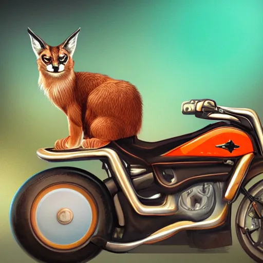 Image similar to cute caracal riding a harley davidson motorcycle, hyper detailed, digital art, trending in artstation, cinematic lighting, studio quality, smooth render, unreal engine 5 rendered, octane rendered