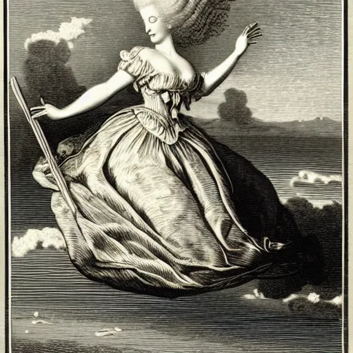 Prompt: A beautiful 19th century wood-engraving of Marie Antoinette levitating over the sea, by Édouard Riou Jules Férat and Henri de Montaut, highly detailed, fine Art, high detail, masterpiece, illustration, clear eyes, trending on artstation