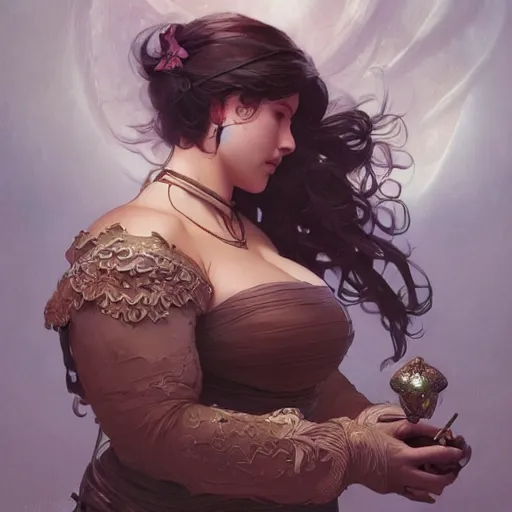 Prompt: portrait of a beautiful thick female, full body, D&D, fantasy, intricate, elegant, highly detailed, digital painting, artstation, concept art, smooth, sharp focus, illustration, art by artgerm and greg rutkowski and alphonse mucha