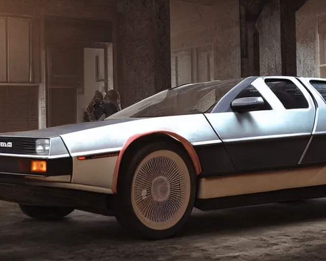 Image similar to new concept for a delorean, cinematic, photoreal, by red dead redemption 2