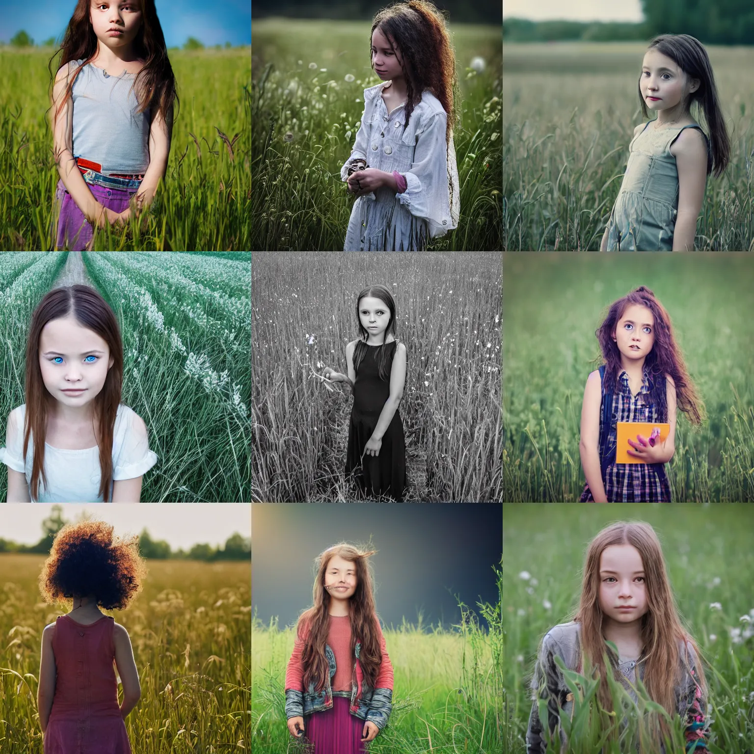 Prompt: biopunk photoreal portrait of curious girl standing in field looking at camera.