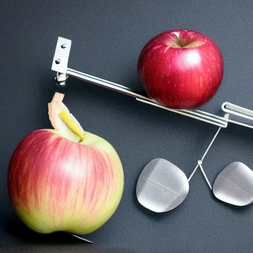 Image similar to set of balance scales with one apple in one side and one onion in the other