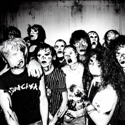 Image similar to zombies at a punk rock concert, grainy vintage photo from 1985, black and white