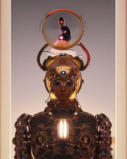 Image similar to centered portrait photo by bouguereau of blissful man as a solarpunk mecha humanoid robotic parts wearing arabic clothes with bright lights, real human face, serpentine pose, inside white room, ultra - realistic and detailed, 8 k