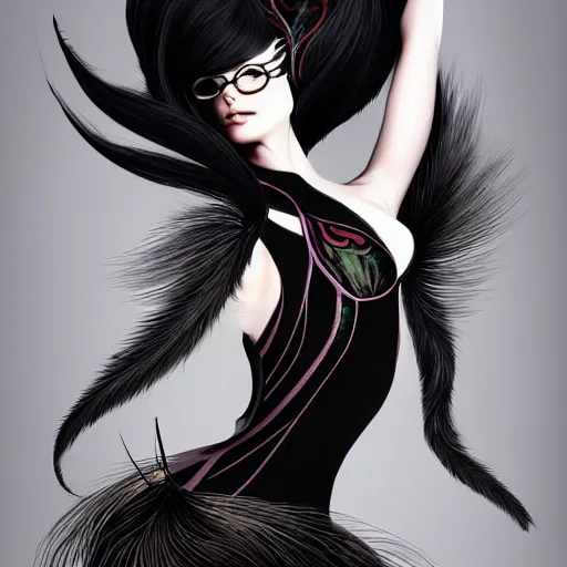 Prompt: prompt A beautiful portrait of Bayonetta, black silky dress, wearing a bra in the shape of peacock feathers, close up front view, long clumpy hair in the shape of fox tail, backlit, concept art, matte painting, by Hideki Kamiya