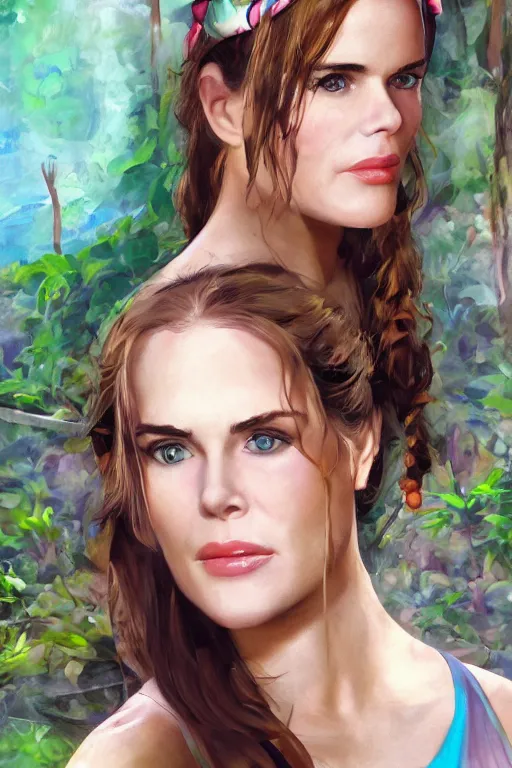 Image similar to mix of beautiful young maria shriver, mariel hemmingway, brooke shields, nicole kidman and elle macpherson as a young jungle girl swimming in a rockpool, thin lips, hair tied up in a pony tail, dark blonde hair, colorful, artstation, cgsociety