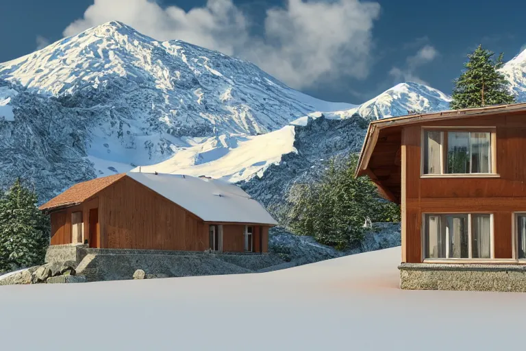 Image similar to modern fachwerk house cottage settlement with Elbrus mountain on the background, architecture, 3d render 8k , high details